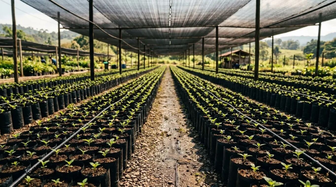 Hileras de plantines en bolsas de vivero bajo una malla de sombra
