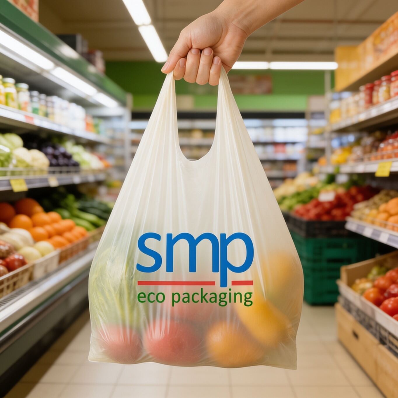 Bolsa tipo camiseta con el logotipo SMP eco packaging, con frutas y verduras dentro, sostenida en el pasillo de un supermercado